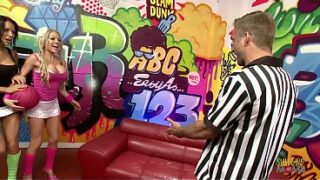 Blonde milf beauty and her brunette friend with big fake tits share a guy in an amazing threesome