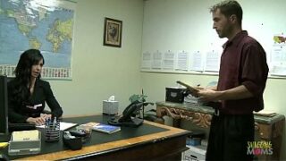 Tense brunette milf with fake boob uses the big cock of her intern in doggy style to orgasm